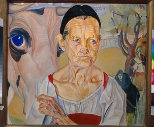 Os Rostos da Rússia: Retrato de uma Velha Leiteira (Mulher Leiteira (Do Ciclo ""Os Rostos da Rússia"), Pintura de Boris Dmitrievich Grigoriev (1886-1939)