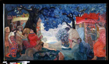 Um sonho. Figuras com fantasia ou mascaradas rodeiam outra figura deitada debaixo de árvores azuis numa aldeia com casas silenciosas. Trabalho de Boris Dmitryevich Grigoriev (1886-1939), tempera a bordo