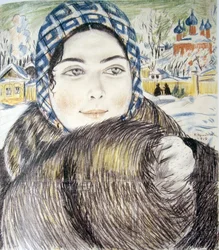 A esposa de um jovem comerciante em um lenço xadrez par Kustodiev, Boris Michaylovich (1878-1927)