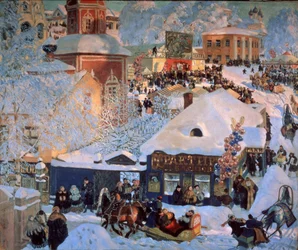 Inverno, Mardi Gras (Inverno, Schrovetide). Festas tradicionais nas ruas cobertas de neve de uma cidade provinciana. Além da descrição dos edifícios da cidade, os aglomerados de balão, um carrossel, as montras das tabernas e os trenós puxados por