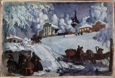 Inverno, trenós (Inverno. Passeio de trenó). Pintura de Boris Michaylovich Kustodiev (Koustodiev) (1878-1927), óleo sobre tela, por volta de 1920. Arte russa, início do século XX. Coleção privada.