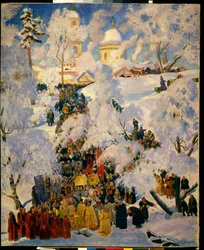 A grande bênção das águas durante o festival de Teofania. Cena tradicional da Igreja Ortodoxa Russa, procissão litúrgica da Semana Santa, celebração das águas do baptismo, numa paisagem de neve. Pintura de Boris Michaylovich Kustod
