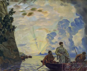 O chefe cossaco Stepan (Stenka) Timofeyevich Razin (1630-1671) num barco. Liderou uma revolta contra a nobreza e a burocracia czarista no sul da Rússia (Stepan Razin). (1878-1927)