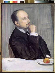 Retrato do artista Evgeny Evgenyevich Lanceray (Eugene Lancere) (1875-1946) (Retrato do artista E. Lanceray). Obra de Boris Michaylovich Kustodiev (Koustodiev) (1878-1927), têmpera sobre papelão