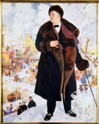 Retrato do cantor Feodor (Fiodor, Fedor) I. Chaliapin (Chaliapin) (1873-1938) (Retrato do cantor F.I.Shalyapin). De casaco de peles e chapéu, acompanhado por um bulldog a olhar para ele, o cantor ergue-se orgulhosamente diante das animações de um