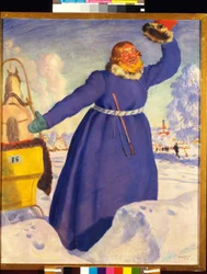 Um cocheiro imprudente. Obra de Boris Michaylovich Kustodiev (Koustodiev) (1878-1927), aquarela sobre papel