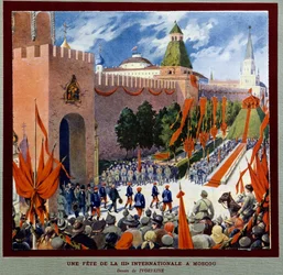 Uma celebração da Terceira Internacional em Moscovo. A Terceira Internacional (ou Comintern ou Internacional Comunista) foi fundada em 2/03/1919. Desenho de Boris Zvorykin (1872-1935). Instituto de História Social, Montreuil