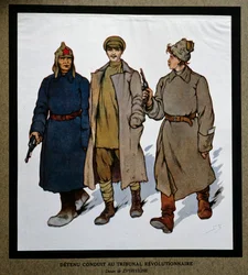 Rússia após a Revolução de 1917: "Um detenu trazido para o Tribunal Revolucionário". Desenho de Boris Zvorykin (1872-1935). Instituto de História Social, Montreuil