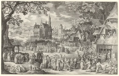 Feira do agricultor em frente à balança na praça da aldeia
Die Boere cermis (título sobre o objecto)