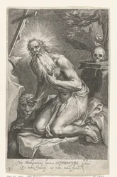 São Jerónimo de Belém como eremita
Dùm Bethlemiticis latitas (...) tibi tuta facis (título sobre o objecto)
Eremitas (título da série)
Ad sacrum speculum (...) patribus dat ales (título da série)