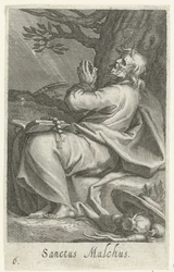 São Malco de Cálcis como um eremita Sanctus Malchus (título no objeto) Eremitas (título da série) Sacra eremvs ascetarvm (título da série)