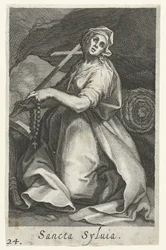 Santa Sílvia de Roma como ermitã
Sancta Syluia (título sobre o objecto)
Eremitesses (título da série)
Sacra Eremus Ascetriarum (título da série)