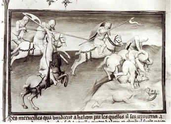 Sra. Fr 2810 O líder mongol, Hulagu, cã do Ilkhanate persegue seu primo, Berke, cã do Kipchak ou da Horda Dourada em 1262, forçando-o a entrar em um rio, de Livre des Merveilles du Monde, c.1410-