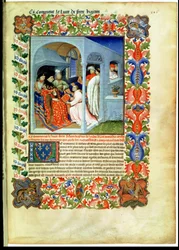 Pe. 2810 f.226, o irmão Hayton apresenta seu livro a John the Fearless, do "Livro das Maravilhas do Mundo", c.1410-12 (tempera on 1vellum)