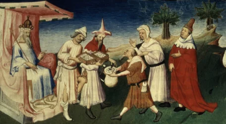 Sra. Fr 2810 f.45, Como o Grande Khan usou casca de árvore como moeda, do &39;Livre des Merveilles du Monde&39;, c.1410-12 (tempera sobre velino)