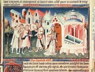 Fr. 2810 fol.274, Peregrinos em frente à Igreja do Santo Sepulcro de Jerusalém, de &39;Livre des Merveilles de Monde&39;, c.1410-12 (têmpera sobre velino)