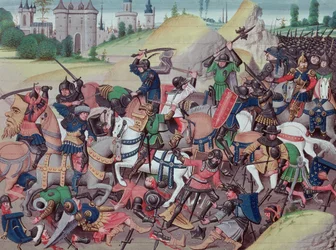 Ms 5089-90 Batalha entre sarracenos e cristãos durante as Cruzadas, das Chroniques des empereurs de David Aubert, 1462