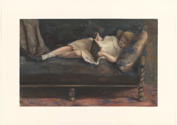 Rapariga leitora, deitada num sofá