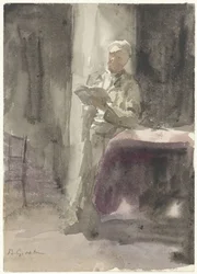 Homem com um livro ao lado de uma mesa e janela