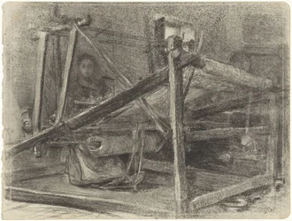 Máquina de tecelagem e uma mulher ao fundo