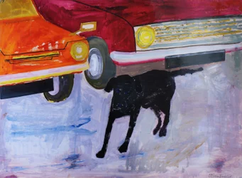 Cão no lote de carros usados, Rex com carro vermelho