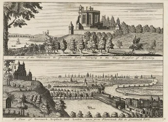 Uma vista do Observatório em Greenwich Park...[e] Uma vista de Deptford e Londres tirada de Flamsteed Hill em Greenwich Park", c.1750 (gravura)