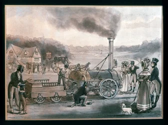 Uma impressão artística do "Northumbrian" de Robert Stephenson (gravura a cores)