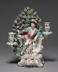 Candelabro com Shepherd and Dog, fabricante Derby Porcelain Factory (Chelsea-Derby Period), c.1775 (porcelana em pasta mole)