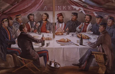Jantar de Natal durante a Guerra da Crimeia, oficiais britânicos e aliados perante Sebastopol