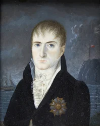 Imperador na ilha de Santa Helena - Retrato do imperador Napoleão I de cabeça descoberta, em traje preto, ostentando a placa de grande águia da Ordem da Legião de Honra - Retrato de Napoleão Bonaparte na ilha de Santa Helena por Captain Dodgin (activo)