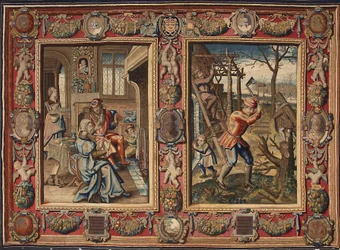 Janeiro e Fevereiro: "Um casal à lareira e um lenhador" Tapeçaria dos fabricantes de Mortlake. Genes do século XVII, Musei di Strada Nuova