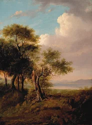 Paisagem, Árvores em Primeiro Plano, Lago e Colinas à Distância (óleo sobre tela)
