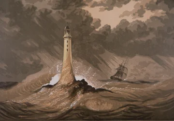 Farol avisa navios de rochas em tempestade no mar (lito a cores)