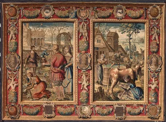 março e abril: "trabalhos agrícolas e ordenha de vacas" Tapeçaria das manufacturas de Mortlake. Século XVII Genes, Musei di Strada Nuova