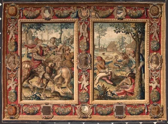 Mês de maio e junho: "caça e ceifa de ovelhas" Tapeçaria das manufacturas de Mortlake. Século XVII Genes, Musei di Strada Nuova