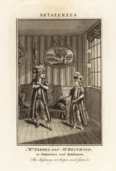Sra. Margaret Farrel e Sr. Charles Frederick Reinhold em traje persa como Artaxerxes e Artabanes na ópera de Thomas Arnes Artaxerxes