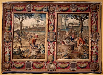setembro e outubro: "trabalho agrícola e colheita" Tapeçaria das manufacturas de Mortlake. Século XVII Genes, Musei di Strada Nuova