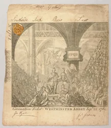 Bilhete para a cerimónia de coroação de Jorge III na Abadia de Westminster, gravado por George Bickham, 22 de setembro de 1761