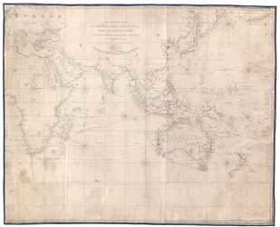 Aos oficiais ao serviço da honorável Companhia das Índias Orientais, esta carta de esboço destinada a ser utilizada para marcar a rota de um navio é muito respeitosamente dedicada por W. Heather Uma nova edição de 1830 revista e corrigida por J. W. Norie