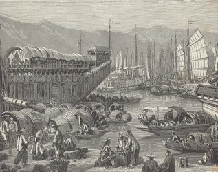 Navios no porto movimentado, Xangai, China (gravura)
