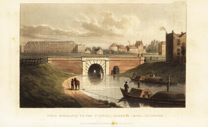West Portal para Islington Tunnel, com um cavalo rebocando uma barcaça ao longo do Regent
