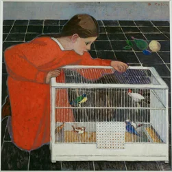 Silvia Koller com gaiola de pássaros (óleo sobre tela)