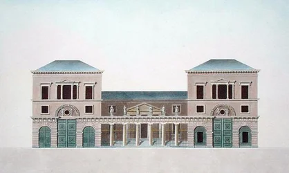 Fábrica de Tapetes em Tournai, de "Choix des Monuments, Edifices et Maisons les plus remarquables du Royaume des Pays-Bas" de Pierre Jacques Goetghebuer, gravado pelo autor, publicado em 1827 (aquatint)