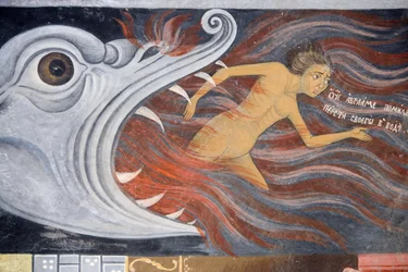Bulgária, Mosteiro de Rila, fresco na igreja da Natividade da Virgem