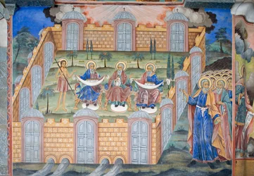 Bulgária, Mosteiro de Rila, fresco na igreja da Natividade da Virgem