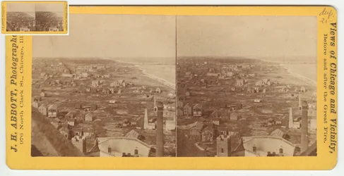 Estereógrafo de vista norte da Torre da Água após o incêndio de Chicago de 1871, 1871 (foto em cartão na foto bw)