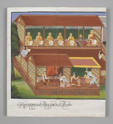 Ou. 13534, f.18, Monges com taças, Cenas da Vida de Buda (pergaminho)