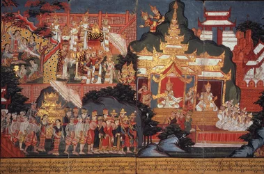 Ou 14297 fol.6-7 The Birth of the Future Buddha, c.1800-20 (gouache em papel)