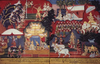 Ou 14297 fol.8-9 The Future Buddha Grows Up, c.1800-20 (gouache em papel)