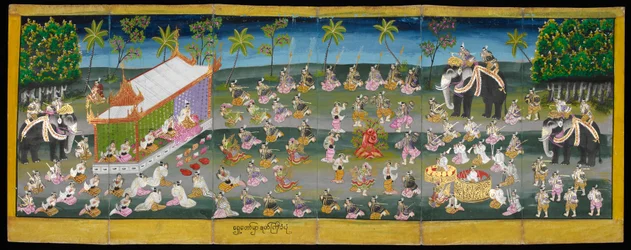 Imagem de Parabaik, mostrando o festival real na água, Ou 16761, f. 28r (livro dobrável de papel)